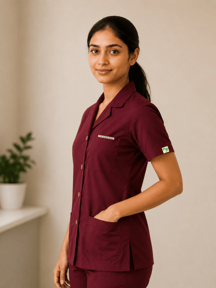 MAROON HALF SLEEVE LAB COAT FOR WOMEN