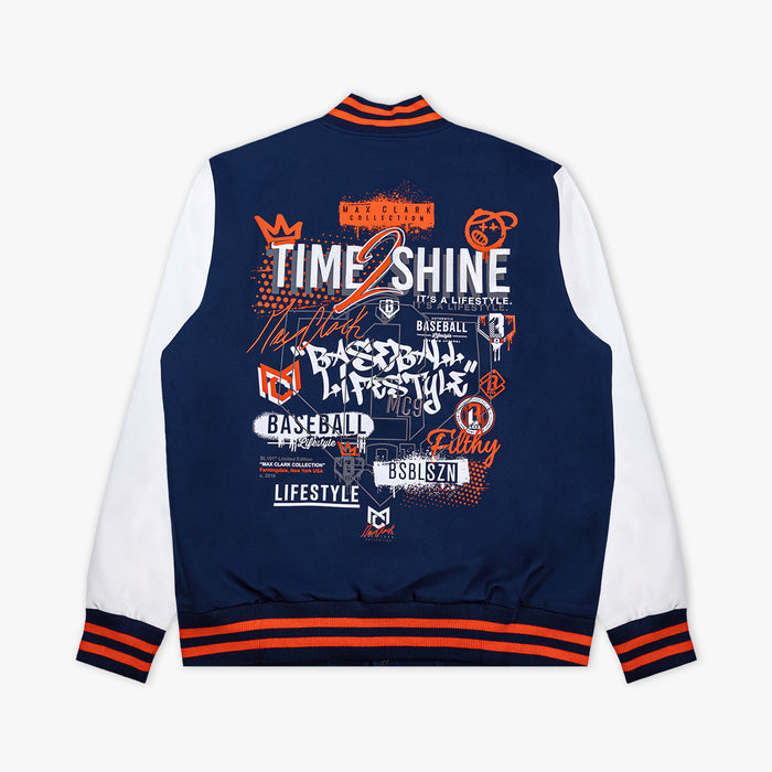 Navy and white varsity jacket with colorful graphics and text on a white background