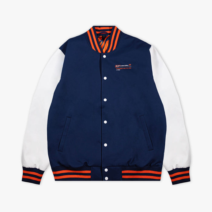 Navy and white varsity jacket with orange accents on a white background