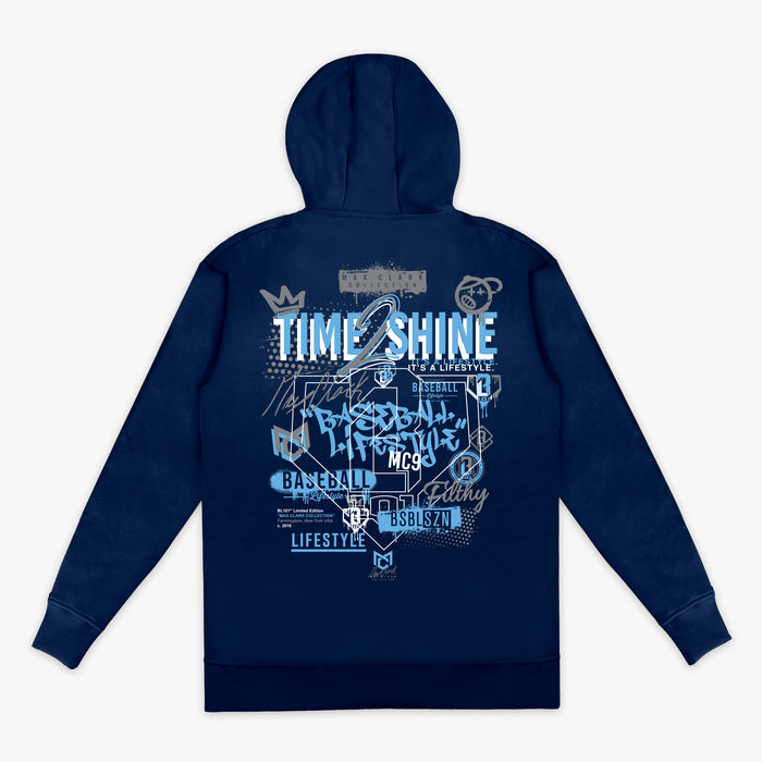 Navy blue hoodie with blue graphics and text on a white background