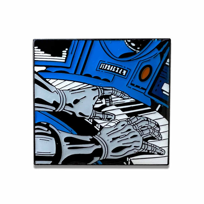 design of Hip Hop artist MF DOOM 's metal hands playing the piano on a metal collectors pin.
