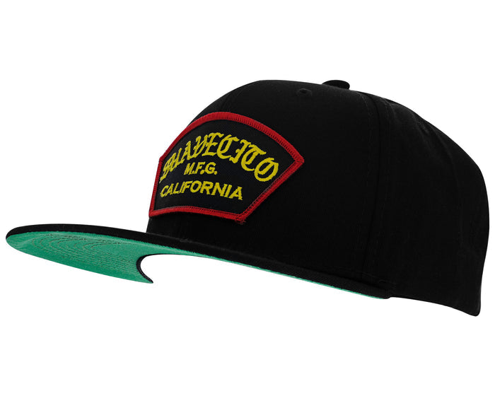 suavecito hat with yellow embroidered text and red border outline "suavecito m.f.g. california"