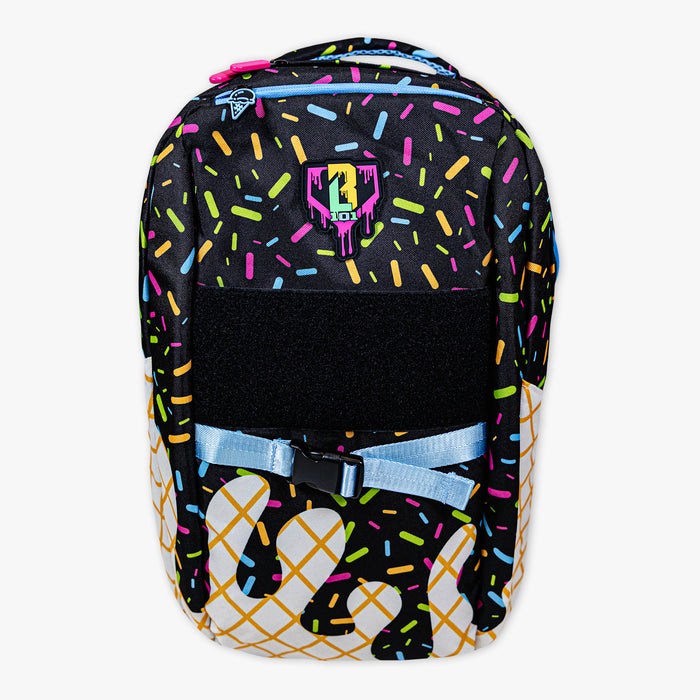 Adult model wearing black backpack with "Midnight Sundae SZN 2" design