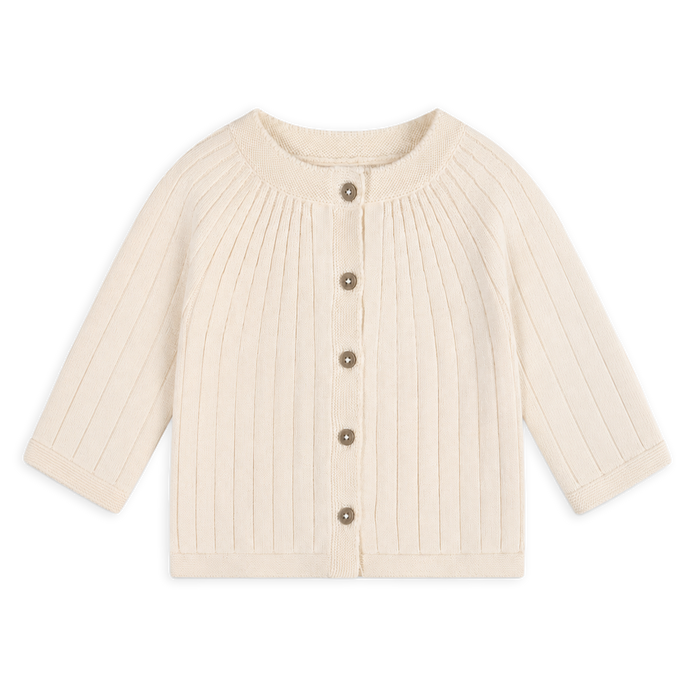 front of milan organic knit baby girl rib cardigan cream made with organic cotton