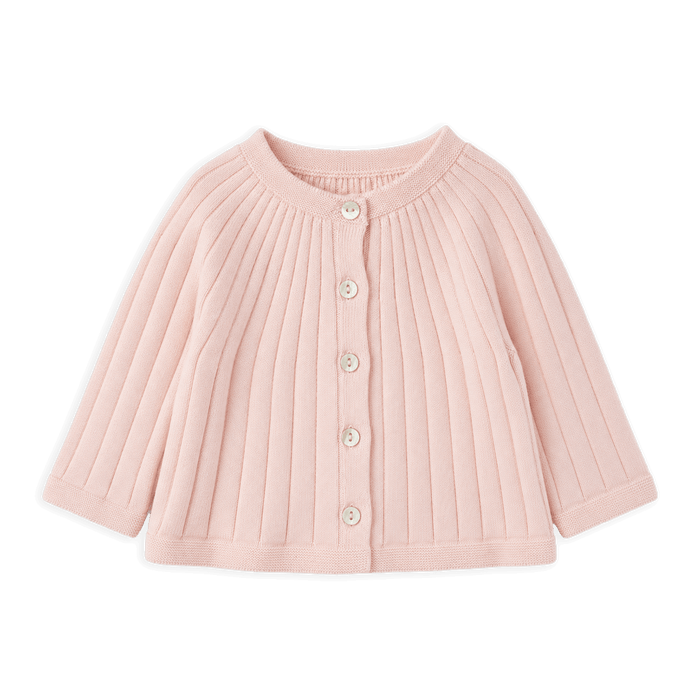 front of milan organic knit baby girl rib cardigan in color blush made with organic cotton