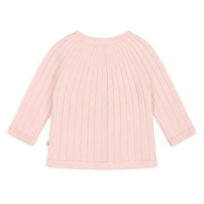 back of milan organic knit baby girl rib cardigan in color blush made with organic cotton