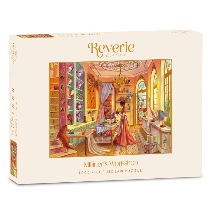Experience the Milliner’s Workshop | 1,000 Piece Jigsaw Puzzle by Reverie Puzzles, featuring a beautifully illustrated hat shop scene with a woman and cat in a vibrant, ornate room. Inspired by Ailee Marie Art, this charming puzzle is perfect for both puzzle enthusiasts and art lovers.