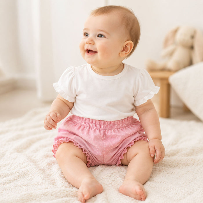 Baby wearing Mini Polka Dot Ruffle Baby Bloomer Shorts