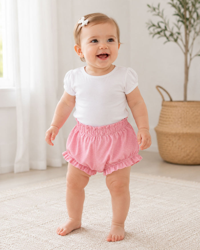Baby standing in Mini Polka Dot Ruffle Baby Bloomer Shorts
