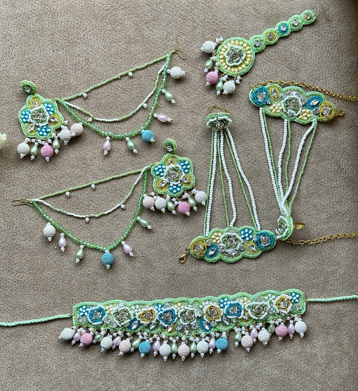 Mint Green Beaded Bridal Jewellery Set – Necklace, Earrings, Tikka & Hathphool