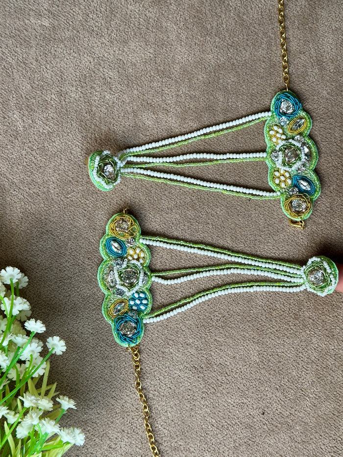 Mint Green Beaded Bridal Jewellery Set – Necklace, Earrings, Tikka & Hathphool