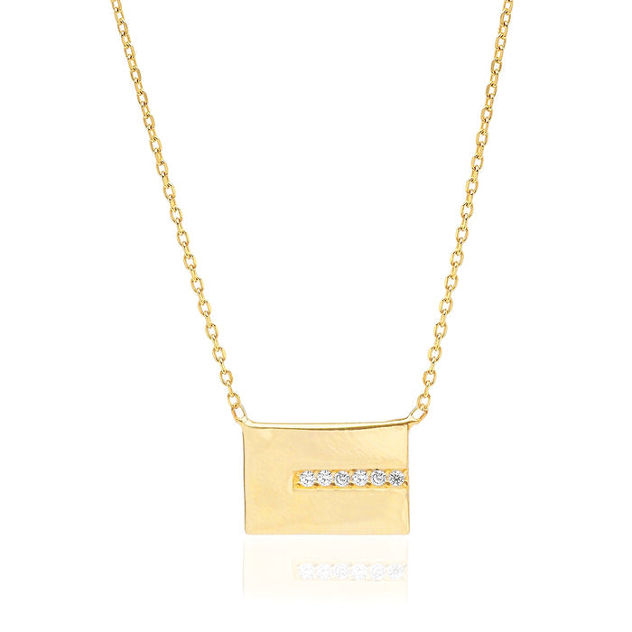 Gold-tone rectangle pendant necklace with row of CZ accents and fine chain