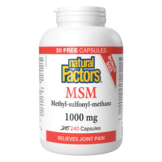 Bottle of Natural Factors MSM Methyl-Sulfonyl-Methane 1000 mg 240 Capsules