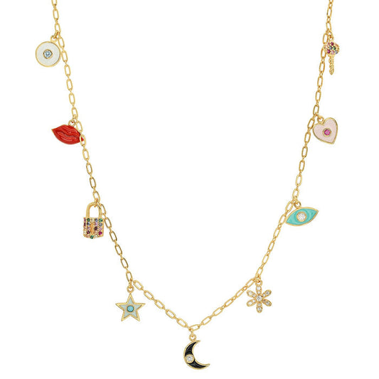 Gold enamel charm necklace with crescent moon, star, snowflake, lips and eye charms
