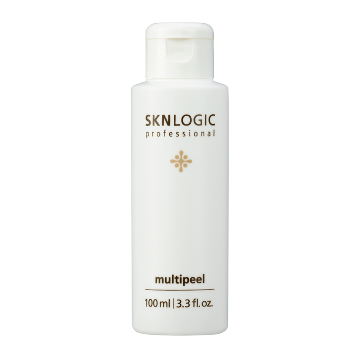 SKN150 SKNLOGIC Multipeel Chemical Facial Chemical Exfoliator 100ml | A white bottle of SKNLOGIC professional multipeel, 100 ml, with brown text and logo, on a plain white background.