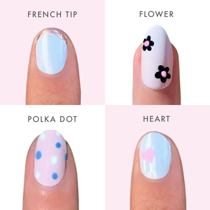 Nail Art Pen - E+M showcasing four easy nail designs: French tip, flower, polka dot, and heart for at-home mani creativity