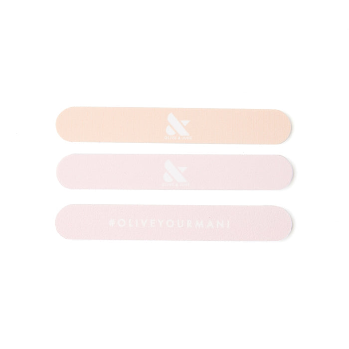 Three pastel-hued nail files from the Nail File Pack designed for shaping nails during at-home mani and pedi care