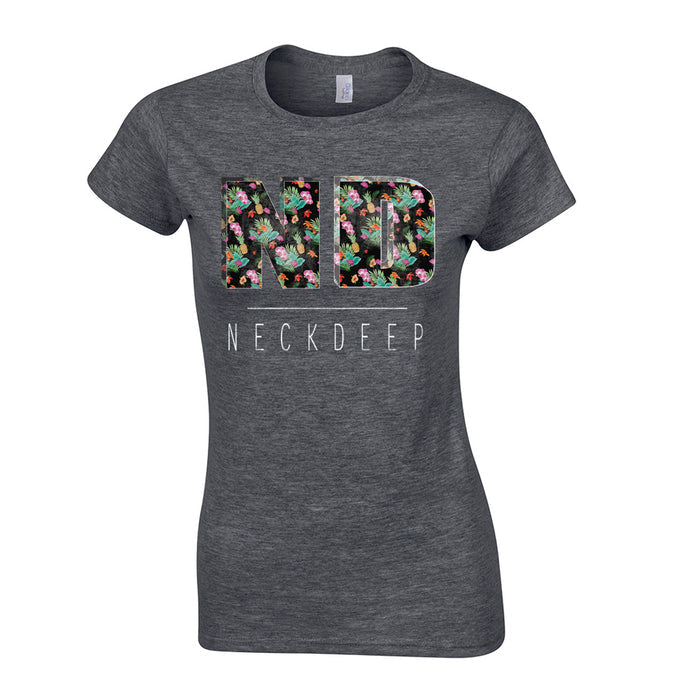 A dark heather gray fitted t-shirt from Neck Deep featuring large floral-patterned ND letters and smaller white Neck Deep text below on the front.