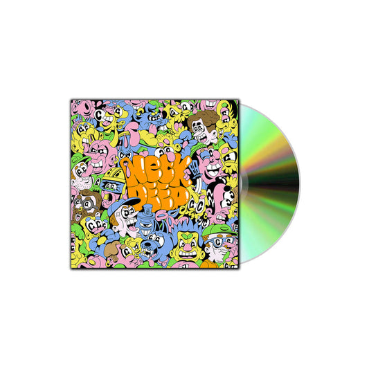 A Neck Deep CD case with a vibrant, cartoon cover showing expressive faces and characters in pink, yellow, blue, and green around bold orange Moody Weirdo text. The Heartbreak Of The Century CD is partially visible on the right.