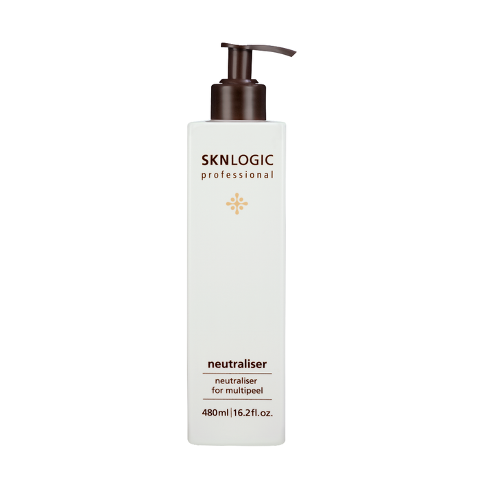 SKN077 SKLOGIC Neutralizer for Chemical Peel 480ml | A bottle of SKNLOGIC Professional neutralizer for multi-peel, featuring a tall white rectangular bottle with a dark brown pump dispenser, set against a plain white background.