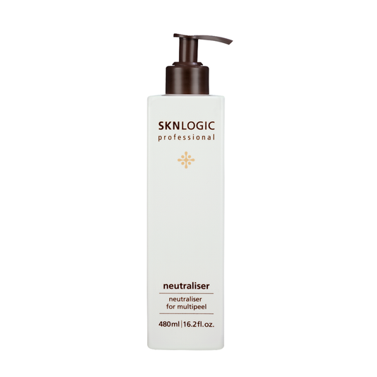 SKN077 SKLOGIC Neutralizer for Chemical Peel 480ml | A bottle of SKNLOGIC Professional neutralizer for multi-peel, featuring a tall white rectangular bottle with a dark brown pump dispenser, set against a plain white background.