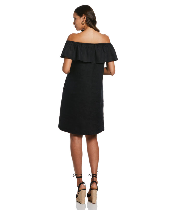 Off-the-Shoulder Ruffle Linen Dress (Black)
