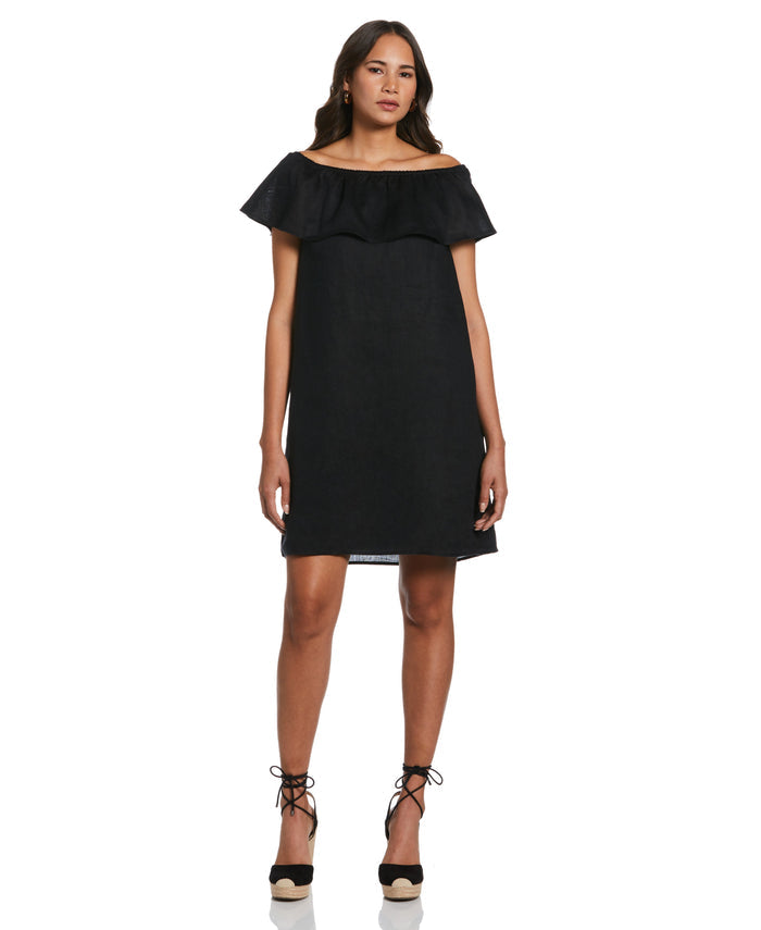 Off-the-Shoulder Ruffle Linen Dress (Black)
