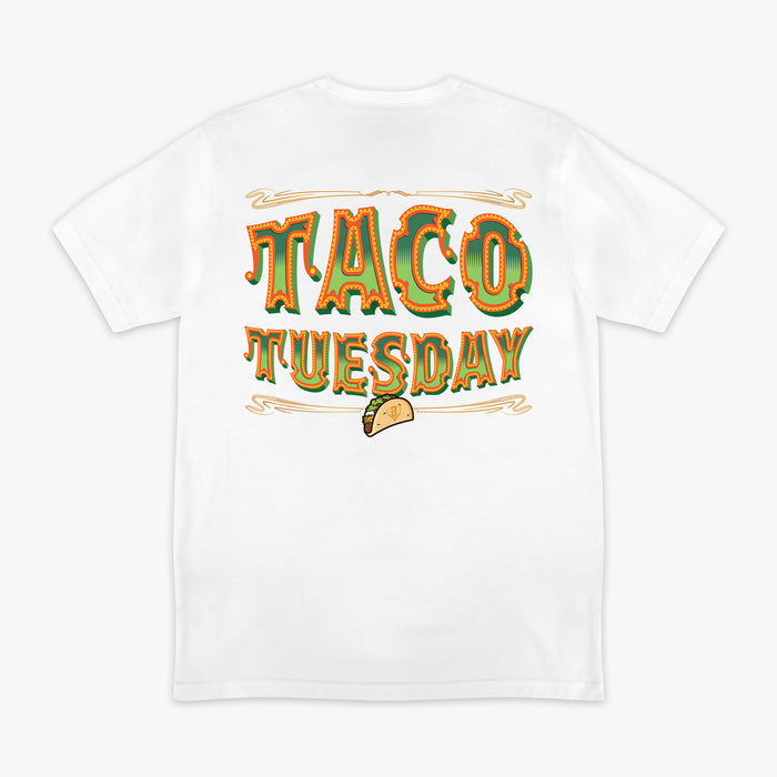 White t-shirt with 'Taco Tuesday' graphic design on a white background