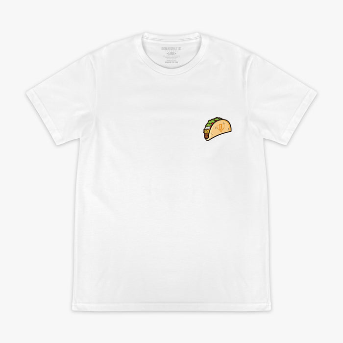 White t-shirt with a small taco graphic on a white background