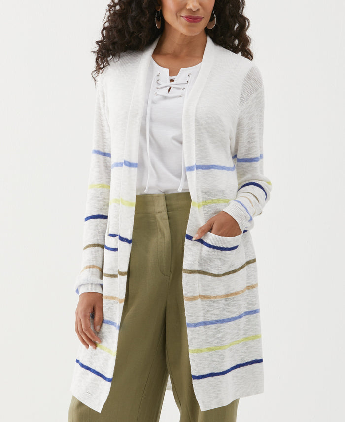 Organic Cotton-Linen Blend Striped Duster Cardigan Sweater (Hydrangea)