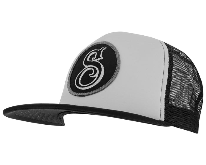 suavecito hat with white embroidered text and black background with suavecito "S"
