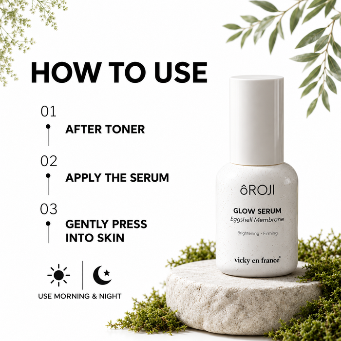 A skincare product bottle labeled OROJI Glow Serum sits on a stone slab surrounded by greenery, with a large 'HOW TO USE' instruction graphic and steps shown on a white background.