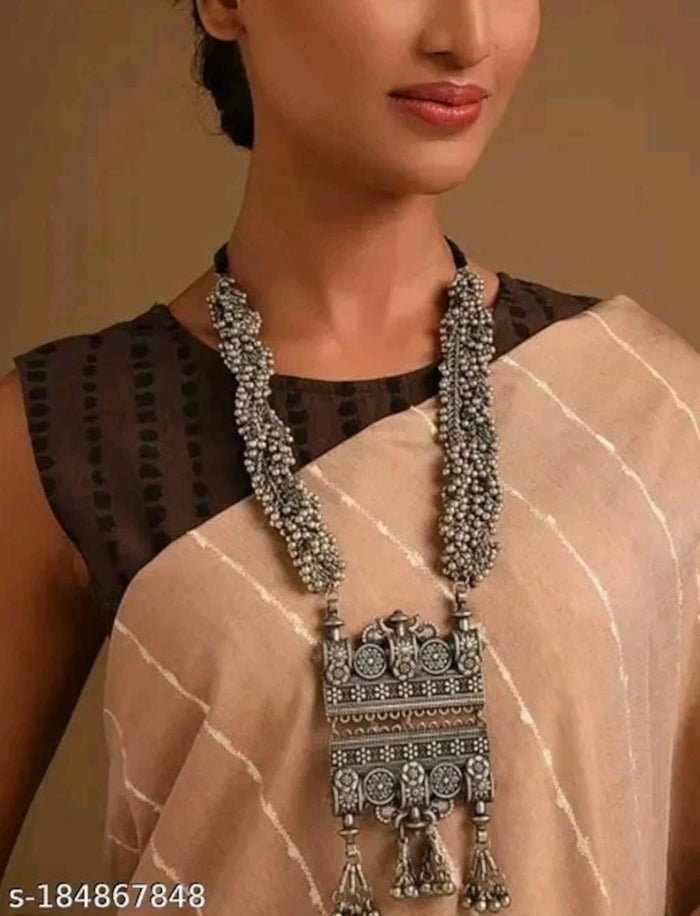 Oxidized Silver Afghani Long Mala Necklace & Earrings Ethnic Statement Jewelry Set for Navratri Garbha