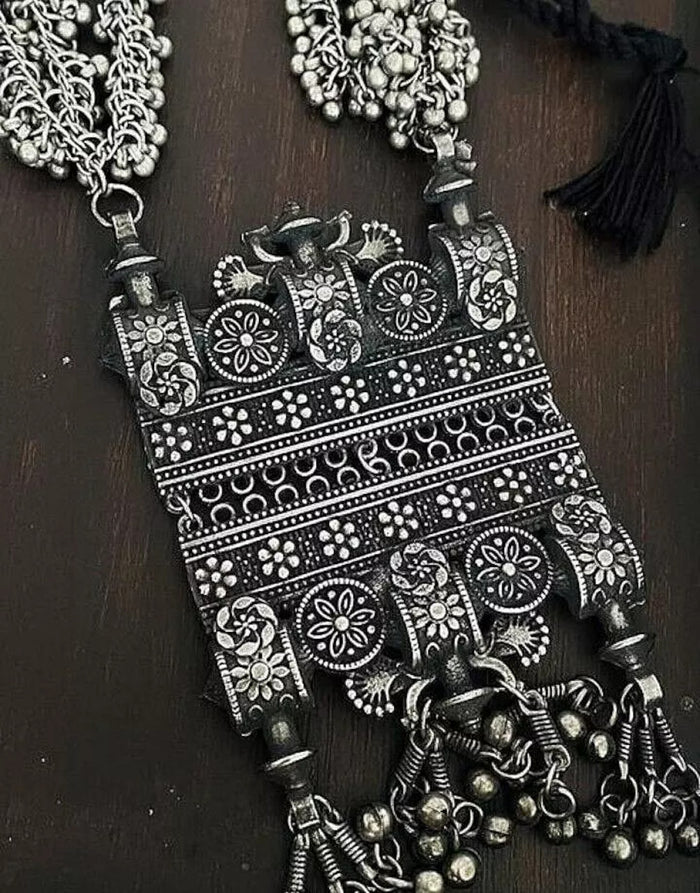 Oxidized Silver Afghani Long Mala Necklace & Earrings Ethnic Statement Jewelry Set for Navratri Garbha