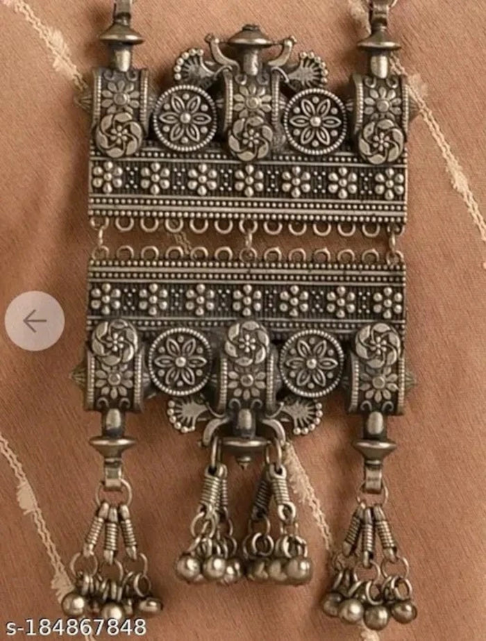 Oxidized Silver Afghani Long Mala Necklace & Earrings Ethnic Statement Jewelry Set for Navratri Garbha