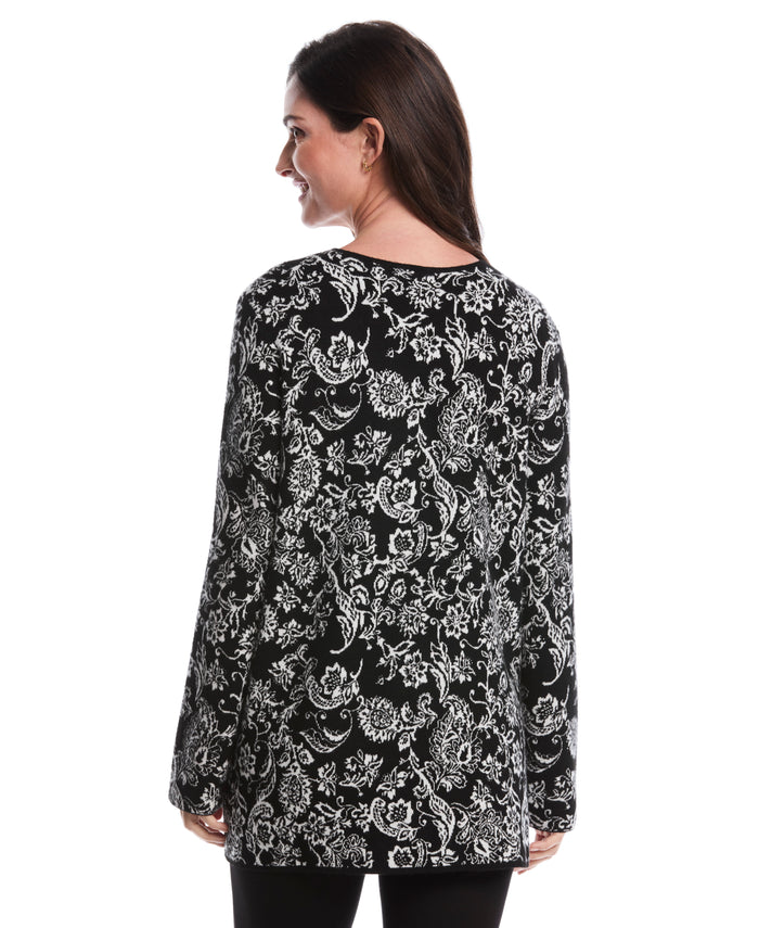 Paisley Print Patch Pocket Open Cardigan (Black)