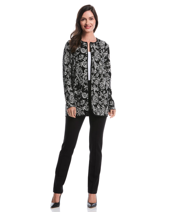 Paisley Print Patch Pocket Open Cardigan (Black)