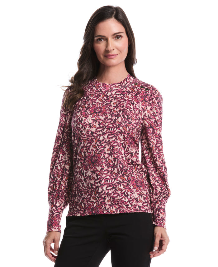 Paisley Print Puff Sleeve Crew Neck Top (Beetroot Purple)