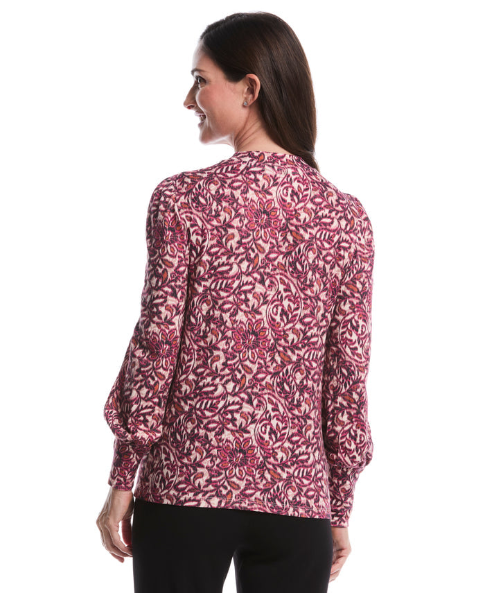 Paisley Print Puff Sleeve Crew Neck Top (Beetroot Purple)