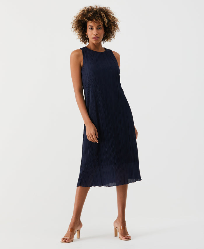 Partially Lined Plisse Midi Dress (Peacoat)