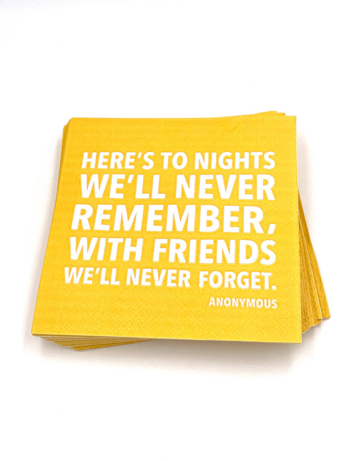 Set of party cocktail napkins from soiree-sisters with fun "To Nights We'll Never Remember" design, perfect for celebrations.