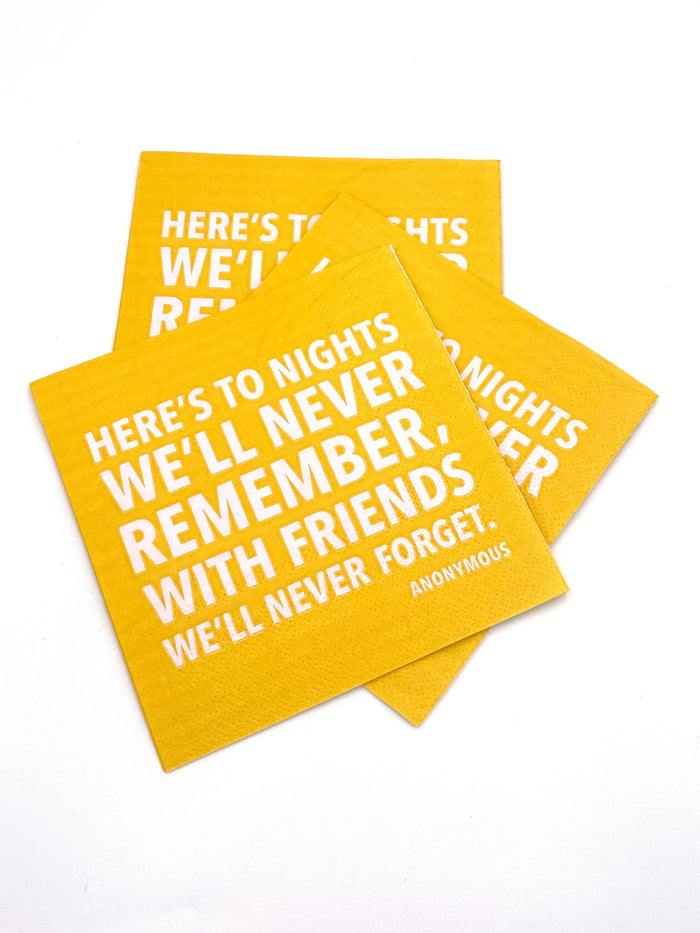 Party cocktail napkins by soiree-sisters with playful "To Nights We'll Never Remember" design, perfect for celebrations and gatherings.