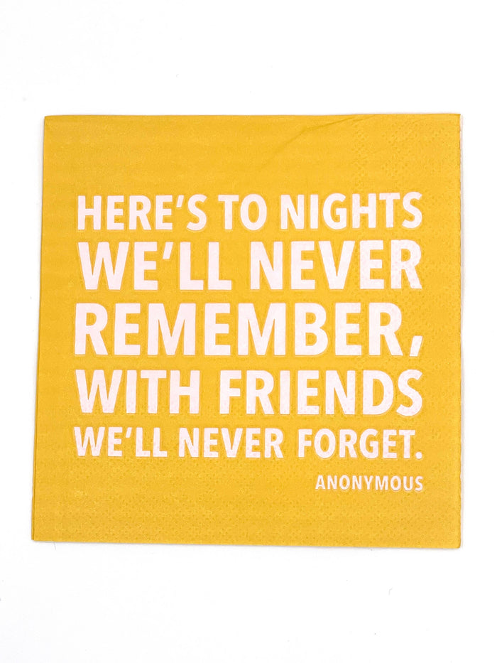 Party cocktail napkins by soiree-sisters with a fun "To Nights We'll Never Remember" design, perfect for celebrations.