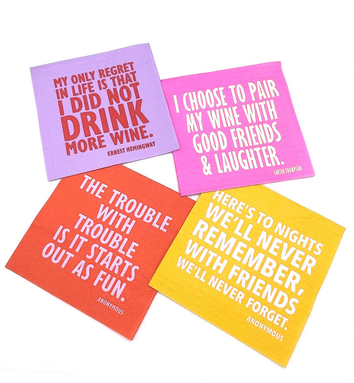 Party cocktail napkins from soiree-sisters featuring fun "To Nights We'll Never Remember" design for celebrations and gatherings.