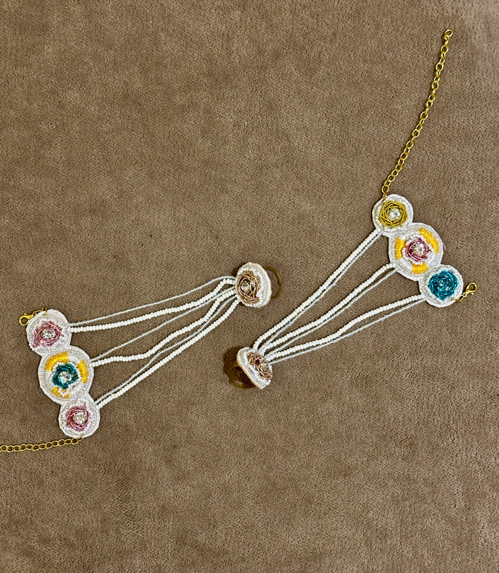 Pastel Beaded Haldi Jewellery Set – Necklace, Earrings, Tikka & Hathphool