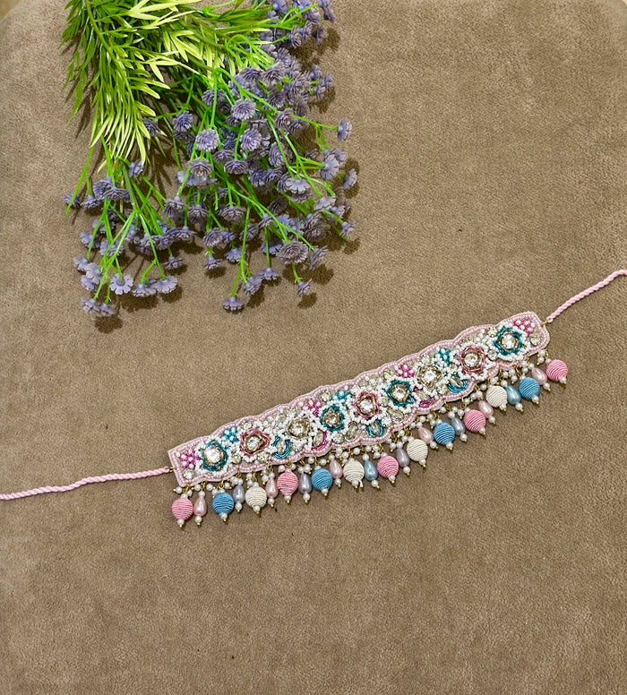 Pastel Blush Beaded Bridal Jewellery Set – Necklace, Earrings, Tikka & Hathphool