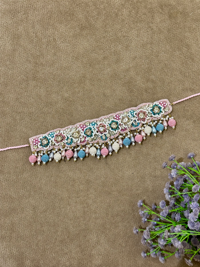 Pastel Blush Beaded Bridal Jewellery Set – Necklace, Earrings, Tikka & Hathphool