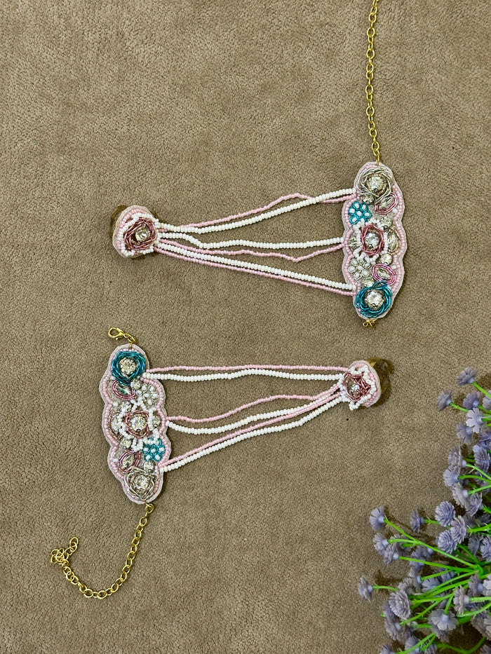 Pastel Blush Beaded Bridal Jewellery Set – Necklace, Earrings, Tikka & Hathphool