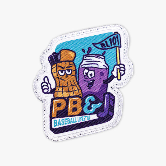 Adult model wearing multi-color patch with "PB & J Patch" design