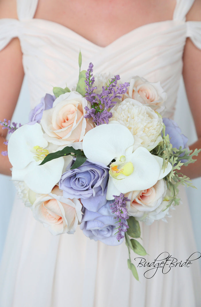Peach and Dusty Lavender Silk Wedding Bouquet   - $65.00 | Christian